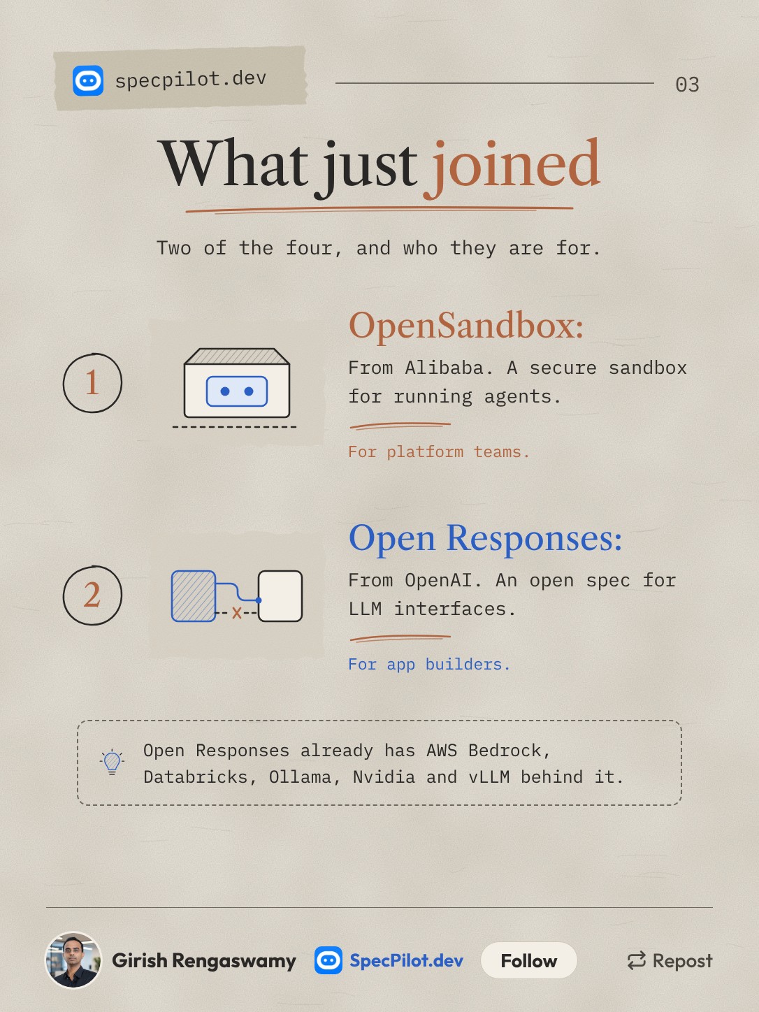 Slide 3: OpenSandbox from Alibaba and Open Responses from OpenAI, with who each is for