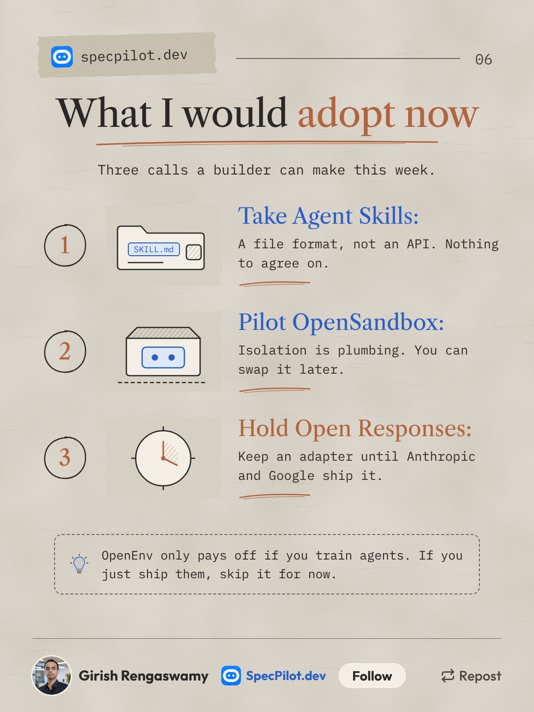 Slide 6: what I would adopt now, take Agent Skills, pilot OpenSandbox, hold Open Responses
