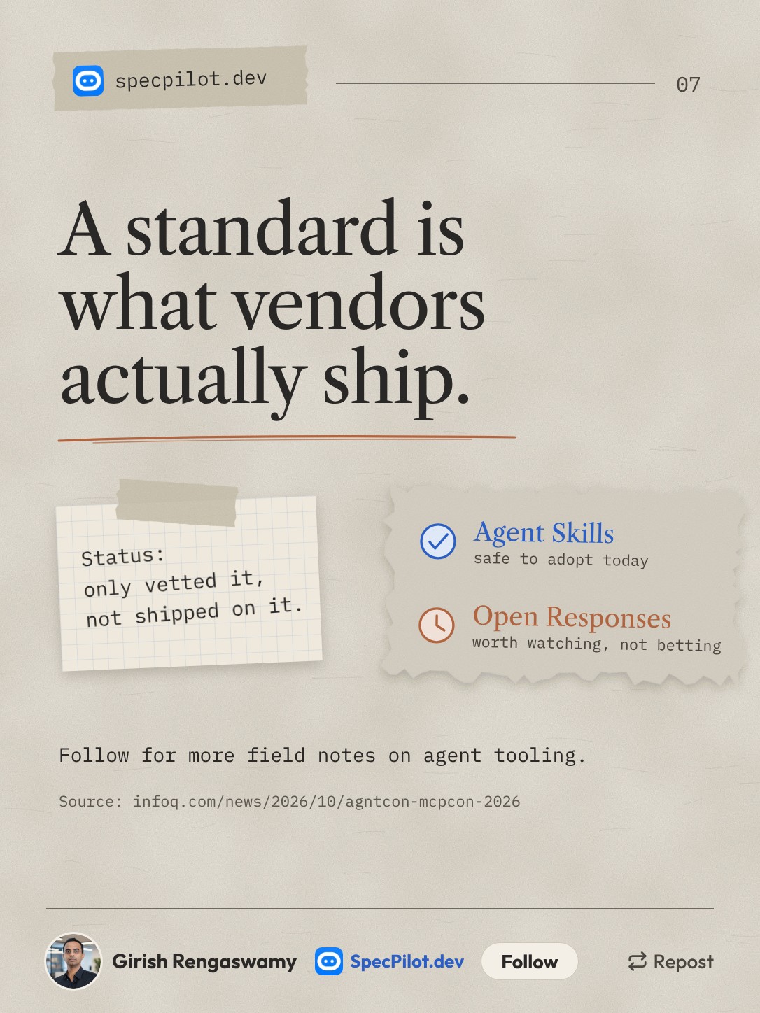 Closer slide reading A standard is what vendors actually ship, with the status note only vetted it