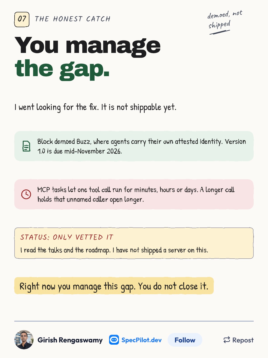 Slide 7: the honest catch, noting Block's Buzz demo and MCP tasks running for hours, with a status line reading only vetted it